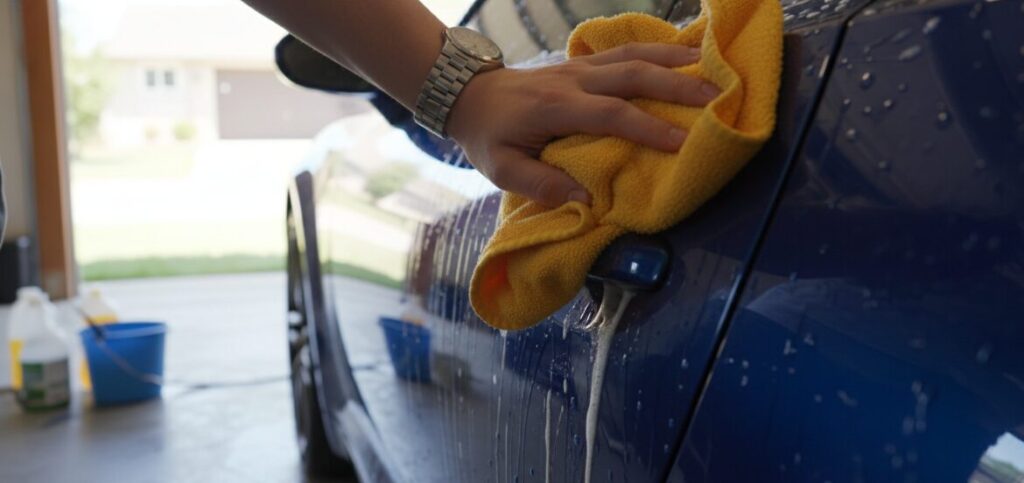 Reinigen Sie Ihr Auto mit einem Mikrofaserhandtuch.