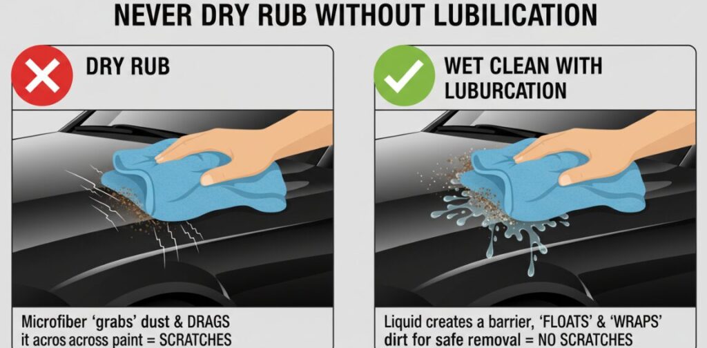 Vorsichtsmaßnahmen für die Reinigung eines Fahrzeugs mit einem Mikrofasertuch.