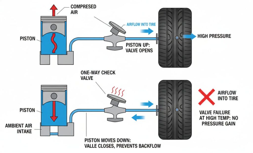 The function of the one-way check valve in a tire inflator.