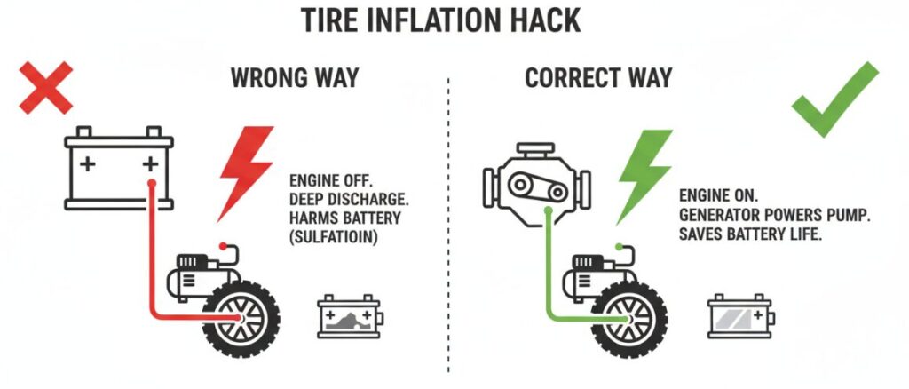 타이어 공기주입기를 사용할 때는 차량이 운행 중이어야 합니다.