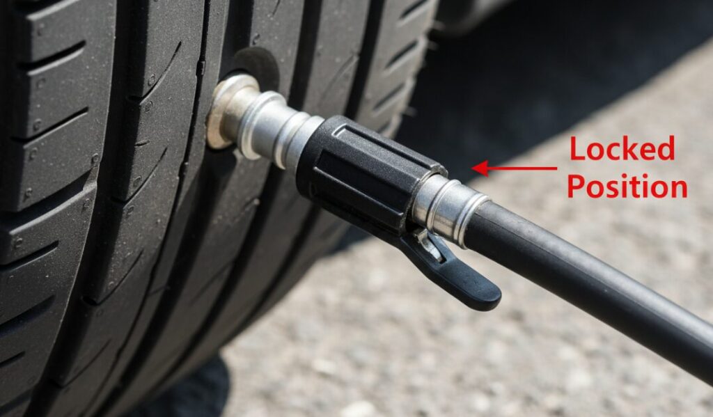 Die Schlauch verbindung der Luftpumpe ist mit der Reifen düse verbunden und verriegelt