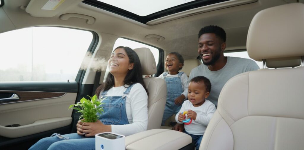 Eine Familie in einem sauberen Zugwaggon.