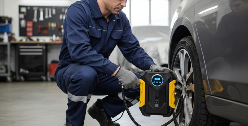 A professional technician is checking the tires using a tire pressure gauge.